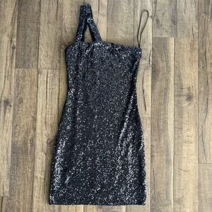 Aqua One Shoulder  Sequin Mini Dress Black Size XS